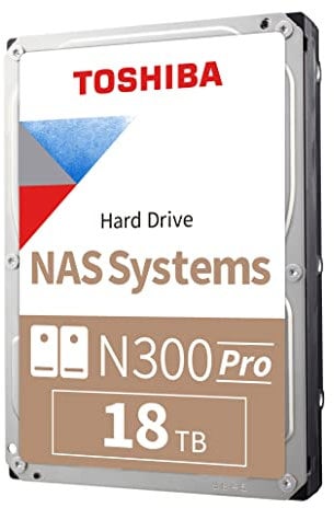 Toshiba N300 PRO 18TB Large-Sized Business NAS (up to 24 bays) 3.5-Inch Internal Hard Drive - Up to 300 TB/year Workload Rate CMR SATA 6 GB/s 7200 RPM 512 MB Cache - HDWG51JXZSTB