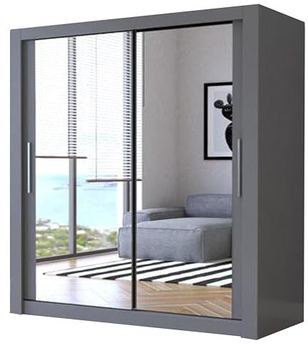 IE INTERIOR EMPORIUM Milan Full Mirror Double Sliding Door Wardrobe (or three in the 250cm size) With Shelves, Hanging Rails and LED Light in 6 Sizes & 4 Colors (203cm, Grey)