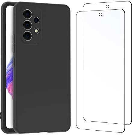 NEW'C Cover per Samsung Galaxy A53 5G in custodia silicone ultra sottile nero e 2 × vetro temperato per Samsung Galaxy A53 5G, pellicola protettiva per schermo