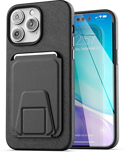 Encased MAG Case Wallet Set - Designed for iPhone 14 PRO Leather Case with Screen Protector and Card Holder w/Magnetic Kickstand (Compatible with MagSafe) Black