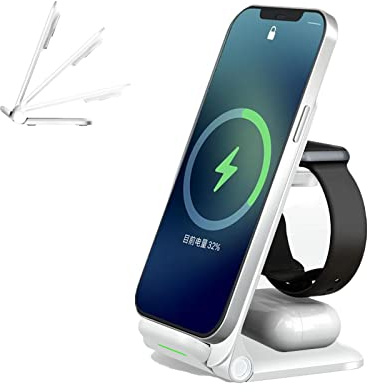 YOOUS 3 in 1 Faltbar Kabelloses Ladegerät,Fast Wireless Charger,Induktive Ladestation Kompatibel iPhone 12 13 11 Pro Max/X/XS/XR/8 Plus Apple Watch 7 SE 6 5 4 AirPods 3/Pro/2Qi-fähige Handy,Weiß-A