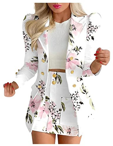 Tailleur Femme 2 Pièces Elegant Veste Formel Slim Fit Blazer Bureau Travail Pantalon Costumes Revers Manteau Ensemble de Couleur Unie Bouffantes Cardigan Blazer + Jupe Courte Costume Travail