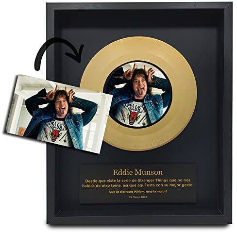 Marco decorativo, regalo original personalizable. Disco de vinilo con foto y mensaje personalizados en cuadro de madera y cristal. Para colgar o colocar (20 x 30 cm. Disco 7 dorado + cartel negro)