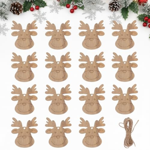 Weihnachtsrentier: 20 Rentierköpfe aus Naturholz, DIY-Ornamente für Weihnachtsbaum, Rentiere, Mini-Anhänger mit Juteschnur, ideal für Baum, Geschenkverpackungen, Kinderhandwerk