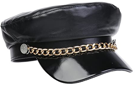 NiceYnn PU Kapitän Matrosenhut Newsboy Cabbie Baker Boy Schirmmütze PU Leder Flat Cap Peaker Wintermützen, Schwarzes PU und Kette, Einheitsgröße