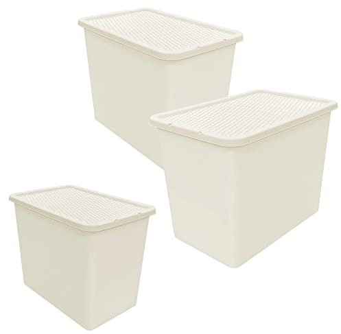 STAR SUPPLIES Large Cream 80 Litre Plastic Rattan Storage Boxes | Strong Stackable Containers With Lids