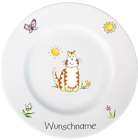 Doriantrade Frühstücksteller Kinderteller Teller Porzellan Katze personalisierbar mit Wunschname Name Kindergeschirr mit Namen personalisiert