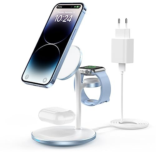 Estación de Carga inductiva, Cargador de estación de Carga inalámbrico 3 en 1, Cargador inalámbrico Compatible con mag Safe para iPhone 16 15 14 Pro MAX/Plus Apple Watch Ultra 8 Azul