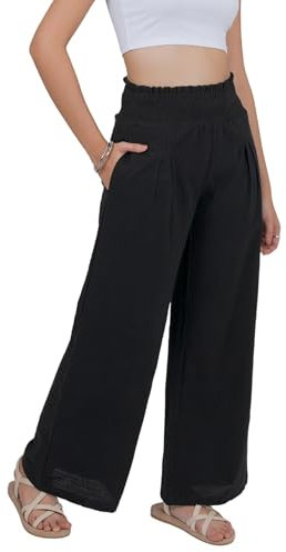 LOFBAZ Frauen Breite Bein Baumwolle Leinen Palazzo Hosen Sommer Flowy Lange Hohe Taille Hose mit Taschen Casual Strand Boho Kleidung, Schwarz, X-Groß
