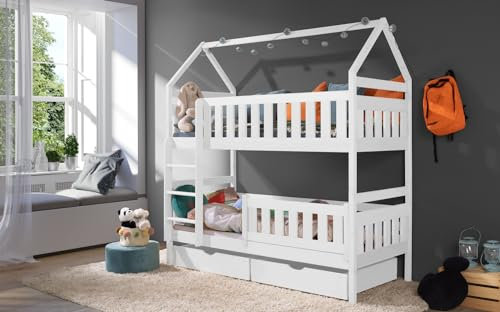 KEF Noah Etagenbett für Kinder 170x80 cm - Hausbett - Holz Kinderbett für Zwei - Holzbett mit Schubladen - Massivholz Bett mit Lattenrost - Ohne Matratze - Weiß - Leiter Links