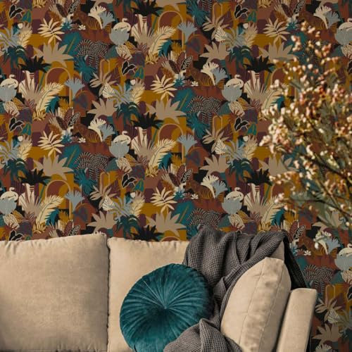 BRICOFLOR Tapete mit Bogen Muster und Palmenblättern Moderne Vliestapete in Terracotta Blau Bordeaux ideal für Schlafzimmer