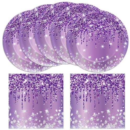 50 Pcs Purple Birthday Plates and Napkins Purple and Silver Happy Birthday Party Supplies for 25 Guests Table Decorations for Women Girl Birthday Decorations Paper Plates Napkins