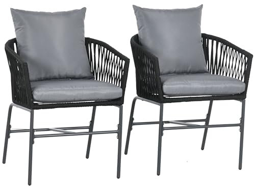 Outsunny Lot de 2 fauteuils d'extérieur chaises de Jardin 2 Places et métal et Corde PE avec Coussins, Noir et Gris foncé