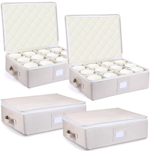 Uiifan Aufbewahrungsbox für Tassen und Tassen, für 12 Kaffeetassen und Teetassen mit Deckel, Griff, Weinglasbox mit Einsteckkarten für Etikett, Gelb, 4 Stück