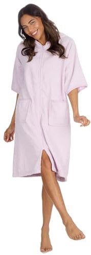 Style It Up Womens Ladies 100% Cotton Short Sleeve Bath Gown Hooded Zip Through Comfortable Cozy Warm SPA Wear Plain Towelling Robe (LILAC, 14-16)