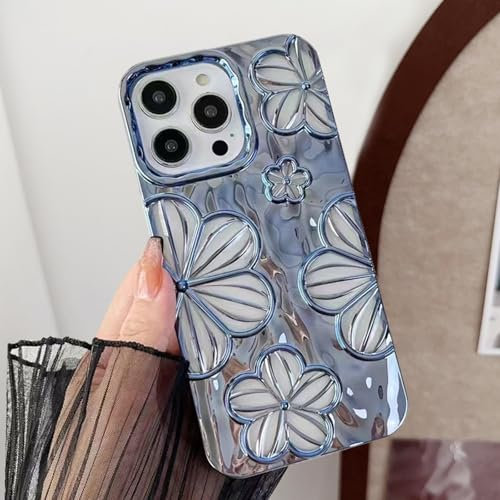 RALEAVO for iPhone 14 Pro Max Case, Girls&Women Cute 3D Flower Luxury Pretty Plating Glitter Aesthetic Case Cover, Soft Silicone Shockproof Protective Phone Case for iPhone 14 Pro Max-Blue