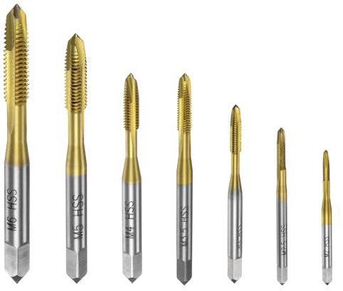 sourcing map 7pcs Spiral Point Tap Set M2 M2.5 M3 M3.5 M4 M5 M6 Metric Thread Screw Taps, Titanium Coated High Speed Steel 6542 Machine Tapping Threading Repair Tool