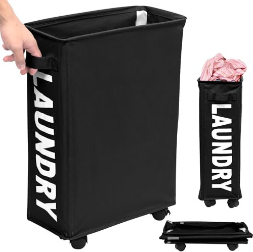 Abizarch 23inch Slim Laundry Basket 44L Rolling Laundry Hamper on Wheels -Collapsible Clothes Hamper with Handle -Freestanding Laundry Bin Narrow Laundry Bag Yoga Mat Storage Racks