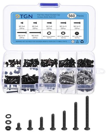 DTGN 560Pcs M2.5 x 4mm /6mm /8m /10mm /12mm /16mm /20mm Flat Head Hex Socket Cap Screws Bolts Nuts Washers Kit, Carbon Steel Black Oxide, Full Thread, Countersunk Bolts
