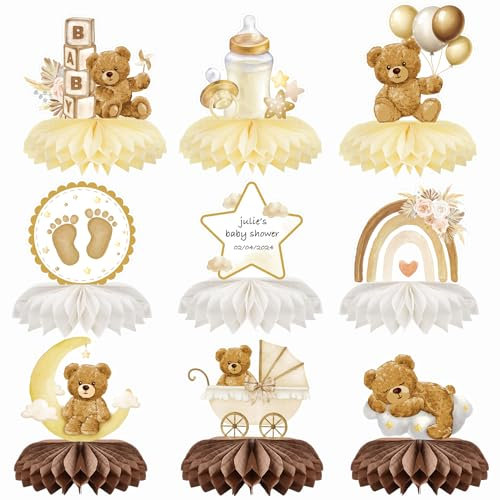 GEBETTER Decoración Baby Shower Niño Niña, 9Pcs Centros Mesa Bautizo, Osito Biberón Arcoiris Estrella, Fiesta Gender Reveal Nacimiento Bebé Cumpleaños, Cartulina Papel Panal Nido Abeja 3D (Marrón)