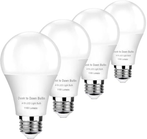 4-Pack Dusk to Dawn Light Bulbs Outdoor 75 Watt Equivalent, Automatic On/Off Sensor LED Bulb, 10W Daylight 5000K,1100 Lumen, A19 E26 Bulbs Photocell for Wall lamp Porch Garage Yard Light(Non-dimmable)