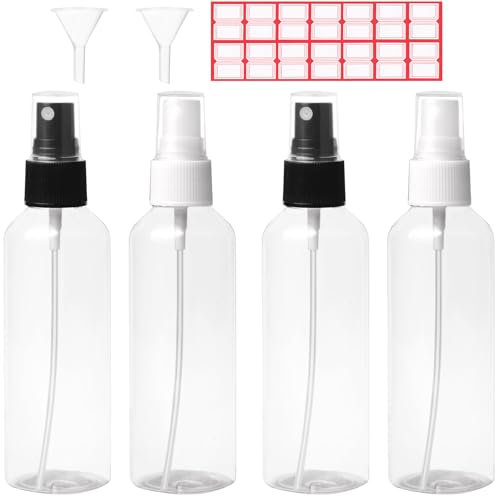 Zokaboc 4 PCS 100ml/3.38oz Spray Bottle, Plastic Refillable Spray Bottle, Empty Clear Fine Mist Spray Bottles, Transparent Atomiser, Liquid Containers for Make-up Cosmetic Hair w/Funnels & Stickers