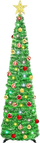 WINOK 5 FT Collapsible Artificial Christmas Tree, Pop Up Tree with Color Lights, Tinsel Christmas Tree with Tree Star and Baubles for Xmas Holiday Home Decoration (Green)