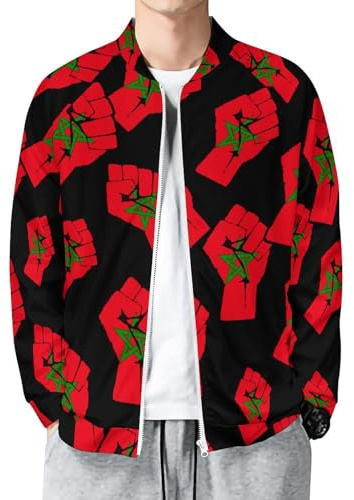 KWQDOZF Veste universitaire décontractée avec drapeau du Maroc et poing levé, veste de bombardier légère, coupe-vent, veste de survêtement, chemise