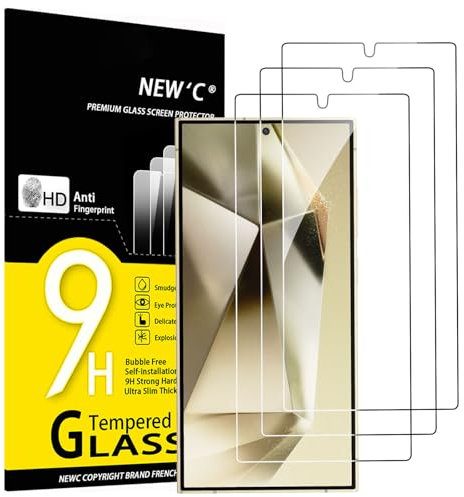NEW'C 3 Piezas, Protector Pantalla para Samsung Galaxy S25 Ultra, Cristal templado Antiarañazos, Antihuellas, Sin Burbujas, Dureza 9H, Ultra Transparente, Ultra Resistente