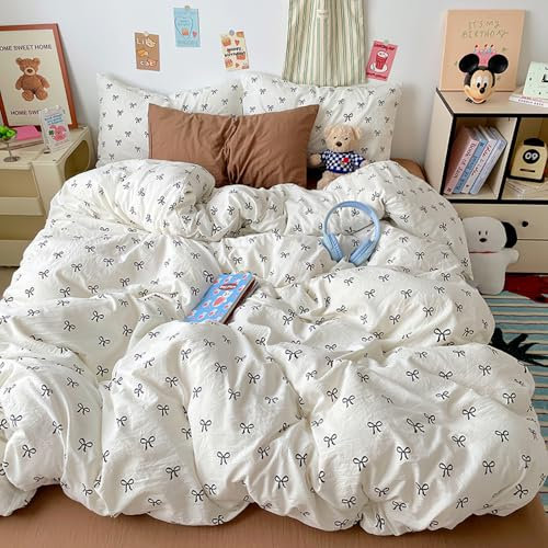 Covebett Bettwäsche 200x200 Weiß mit Schwarz Schleifen Muster Aesthetic Bettbezug Set Kawaii Schleifenmuster Weich Renforcé Microfaser Deckenbezug mit Reißverschluss und 2 Kissenbezug 80x80cm