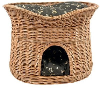 Katzenkorb zum Schlafen – Katzenhütte Indoor – Größe XL: 70 cm oval – Katzenhöhle aus Weide – Zweistöckiger Hunde – oder Katzenbett mit waschbaren Kissen in Dunkelbraune – Natürliche Korbfarbe
