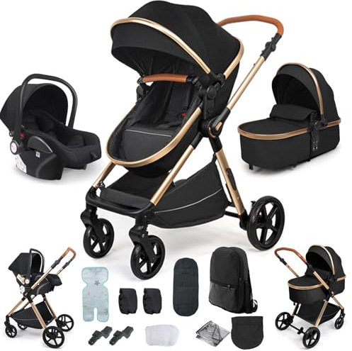 Veitoalioy Kinderwagen 3 in 1, Bequemer Multifunktionaler Kombikinderwagen 3 in 1 Komplettset, Aluminium Hohe Landschaft Babywagen, Faltbarer Kinderwagen Set (H2 Black)