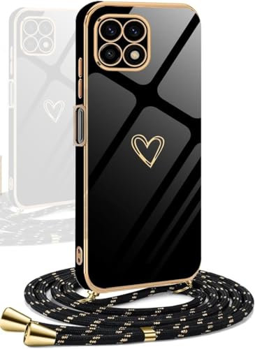 YAMCCCSE Cover per Oppo Reno 4Z 5G con Collana Amore Cuore Custodia per Silicone Sottile Laccio Tracolla Case con Protezione Fotocamera Dorata Placcatura Cornice Paraurti,Nero