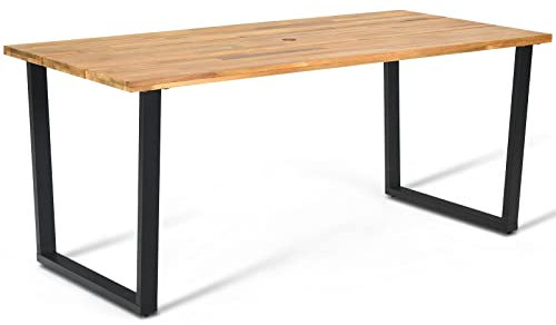 COSTWAY Outdoor Dining Table for 6 Person, 175 x 80cm Acacia Wood Garden Table with Umbrella Hole, Metal Legs & Adjustable Foot Pads, Rectangular Bistro Patio Tables