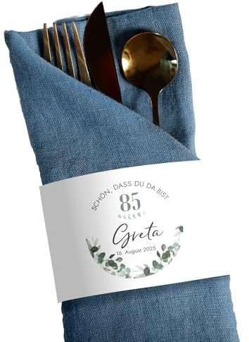 Mimi und Anton 12x Servietten Banderole 85. Geburtstag personalisiert | 21 x 6,5 cm | Serviettenbanderole Schön, DASS du da bist mit Eukalyptus Greenery Design
