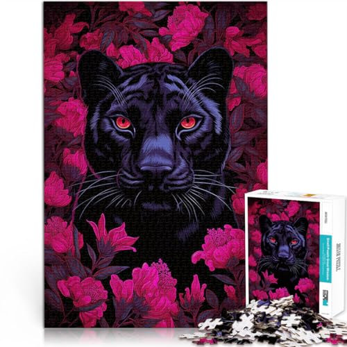 Lustige Spiele Schwarze Panther rosa Blüten 1000-teiliges Teenager-Puzzle 26x38cm Künstlersammlung, Bildende Kunst für ab 14 Jahren