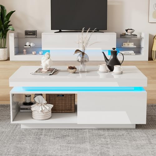 Merax Table basse moderne de salon, blanche, brillante, avec éclairage LED 16 couleurs, table d'appoint avec espace de rangement, 1 tiroir et compartiment de rangement ouvert, 100 x 50 x 40,3 cm
