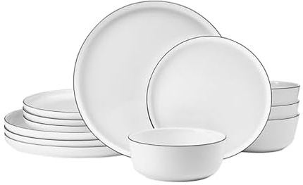 Mikasa Samantha 12 Piece Bone China Dinnerware Plate and Bowl Set, Service for 4, Black Banded Rim, Chip-Resistant, Lightweight, Durable, White