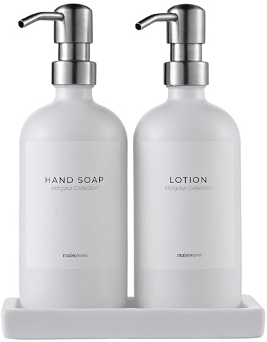 MaisoNovo Glass Hand Soap Dispenser Bathroom Countertop Set - 500 ml White Soap and Lotion Dispenser Set with Silver Pump x 2, White Ceramic Tray and Waterproof Labels