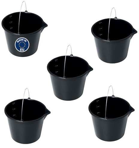 MELTOM Baueimer 12 L Schwarz mit Skala und Ausgießer – 5 Stück | Robuster Kunststoff mit verzinktem Metallbügel · für Mörtel, Farbe, Putz und Wasser · Baustelle, Garten und Haushalt