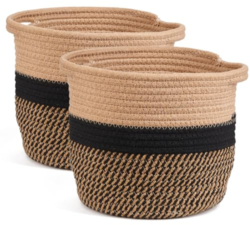 Tymar Übertopf Korb, Blumentopf geflochten, Pflanzenkorb Indoor, 2pack, Blumenübertopf (Schwarz mit Baumwolle, ø 30 cm)