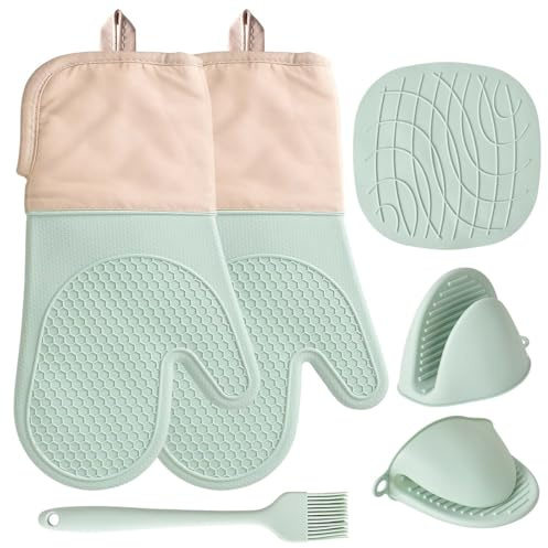 Juego de 6 Manoplas Horno Silicona Antideslizantes, Guantes de Cocina al Calor Resistentes Al Calor De 230°C, 33.5cm Largo Guantes para Horno de Cocina Hornear Cocinar Barbacoa Microondas (Verde)