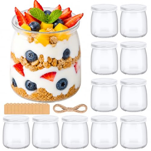 Acrrynii 12 Vasos Yogurtera con Tapa 200ml, Tarros de Yogur con Tapa, Pequeños Botes de Cristal para Yogur y Pudín
