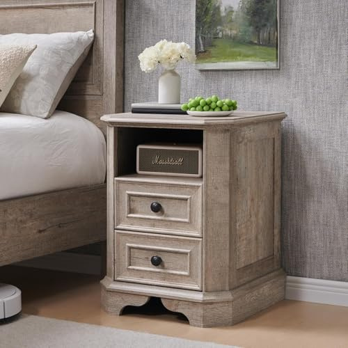 AetherWood Nachttisch im Landhausstil mit Ladestation, 45 cm Beistelltisch mit 2 Schubladen, Holztisch, Bettkommode für Schlafzimmer und Wohnzimmer (Hell Rustikale Eiche)