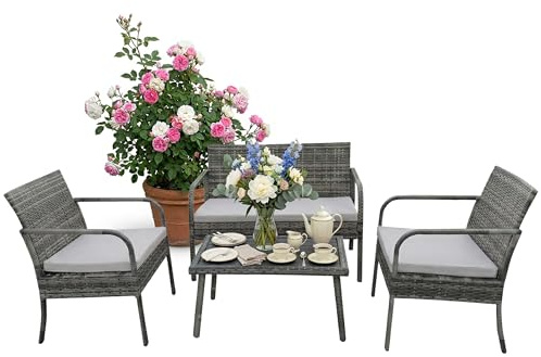Relaxdays Gartenmöbel Set, 4-TLG. Rattan Sitzgruppe, 4 Personen, Bank, 2 Stühle & Tisch, Loungemöbel, Outdoor, grau