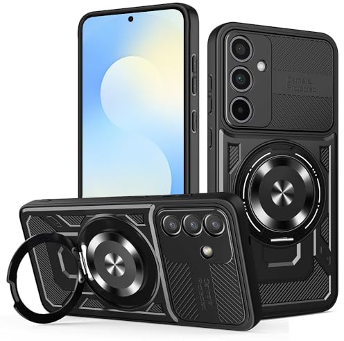 Techsuit für Samsung Galaxy S25 FE Hülle mit Militärschutz, Magnetring Kompatibel, Integrierter Ständer, Stoßfest, rutschfeste Textur, Erhöhte Kanten, RuggedCam Series, PC TPU Hybrid, Schwarz