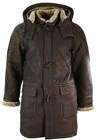 Mens Winter Real Sheepskin Leather Duffle Safari Jacket Tan ginger & Ginger Hood