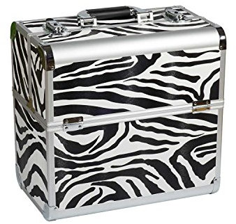 NAILS FACTORY | N&BF Profi Kosmetikkoffer groß | 35 x 22 x 36 cm | Beautycase im Zebramuster | robuster Nagelkoffer aus Aluminium | Viel Staurum | Aufklappbare Fächer auf Zwei Etagen verteilt