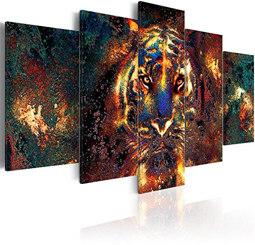 B&D XXL Acrylglasbild Abstrakt 100x50 cm 5 Teilig Wandbild auf Acryl Glas Bilder Kunstdruck Moderne Wanddekoration - Tiger Gesicht Tier Textur bunt g-B-0024-k-p