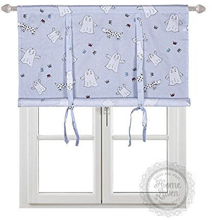 Kinder Scheibengardine Raff Gardine Raffrollo Vorhang 'Laban' 100 x 100 cm (BxH) blau mit Geist-Hund-Krone-Aufdruck in weiß schwarz grau dunkelrot blau Baumwolle Skandinavisch Landhaus Shabby